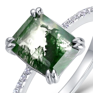 Unique rectangle moss agate ring in S925 silver with side diamond accents on white background