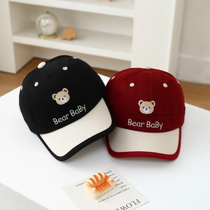 Kids baseball cap with embroidered baby bear pattern and two-tone color block design