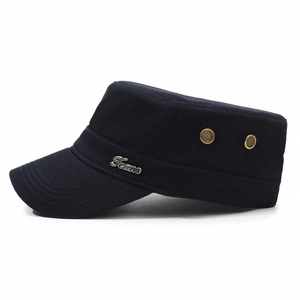 Navy blue cotton military flat top sun hat for men with side metal Jeans logo detail