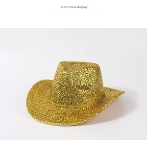 Detailed close-up of a gold glitter western cowboy hat with a high-shine sparkling finish
