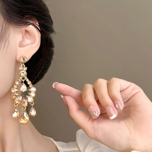 Boucles d'oreilles élégantes avec cristaux champagne et glands dorés pour femmes