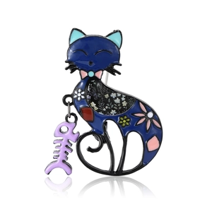 Fashionable alloy enamel brooch featuring a blue cartoon cat with floral patterns and fishbone