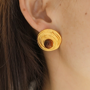 French vintage style gold earrings with tiger eye stone and spiral texture design