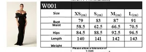 Size chart for the off-shoulder evening dress showing bust, waist, and hip measurements