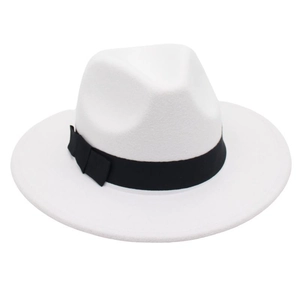 Detail of white wool felt fedora featuring a classic black grosgrain ribbon and bow