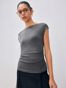 Slim fit dark grey knit tank top for women with an elegant boat neck and minimalist style