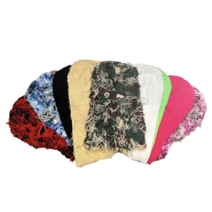 Distressed knit balaclava in multiple colors with fringe detail on white background