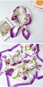 Detailed pattern of iris flower prints on ivory white silk square scarf with elegant knot