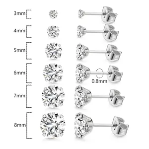 Titanium steel stud earrings set showing sizes 3mm to 8mm with 0.8mm pin thickness