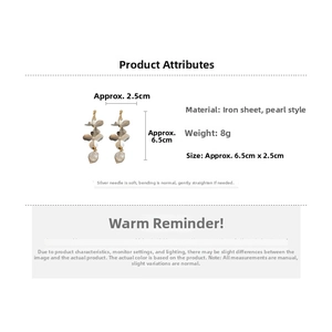 Detailed specs of floral tassel earrings with faux pearls and silver needle measurements