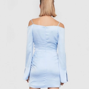 Light blue off-shoulder satin short dress with long sleeves and a slim waist back view