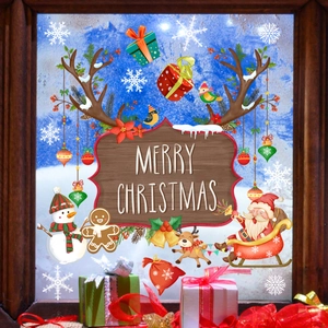 Festive Christmas window stickers featuring Santa Claus, snowman and Merry Christmas sign