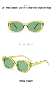 Detail view of transparent green cat-eye sunglasses with matching lenses from two angles