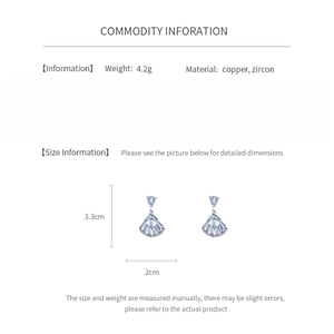 Detailed view of silver zircon fan-shaped earrings showing exact dimensions and 4.2g weight