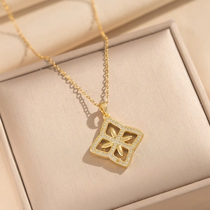 18K gold plated rhombus flower pendant necklace with white zircon stones on jewelry gift box