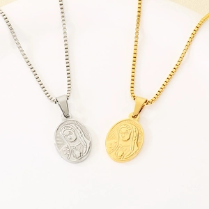 Detailed close-up of religious oval pendant necklaces with relief and box chains