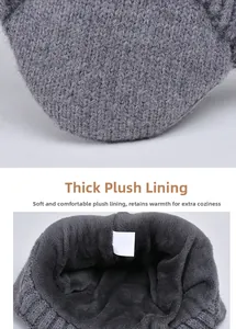 Detail of grey winter knit hat showing thick wool texture and warm plush lining
