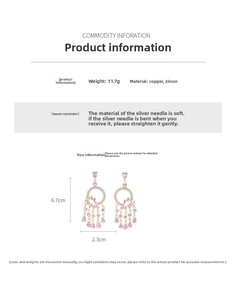 Detailed specs of pink zircon tassel earrings with copper base and silver pins