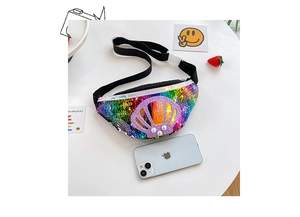 Detail of colorful sequin shell bag for girls with adjustable strap and pearl accents