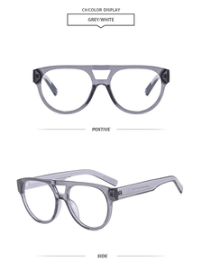 Front and side macro views of grey translucent double-bridge sunglasses with clear lens