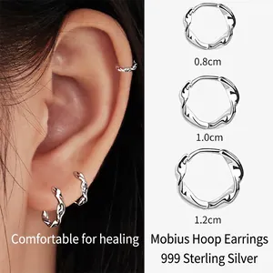 S999 sterling silver Mobius hoop earrings in 0.8cm, 1.0cm, and 1.2cm sizes for women