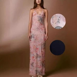 Maxi Dress Mesh Double Layer Sexy Slim Fit V-Neck Backless Butterfly Embroidery Paisley Floral Printed For Women