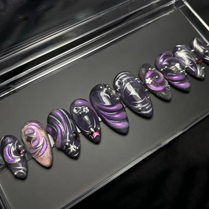 Dark Purple Cat Eye Press On Nails 3D Star Moon Rhinestones Pearlescent Almond Shape ABS Plastic Y2K Gothic Style