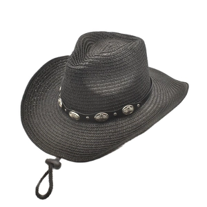 Black western straw cowboy hat with curved brim and silver metal buckle decoration