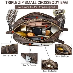 Detailed interior of triple zip small crossbody bag showing main compartments and pockets