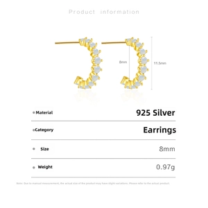 Detail specifications of 925 sterling silver C-shaped earrings with gemstone inlay