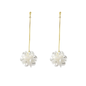Detailed view of long tassel earrings with white shell petals and gold chains