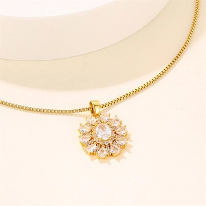 Golden sunflower necklace with oval zircon pendant on box chain minimalist style