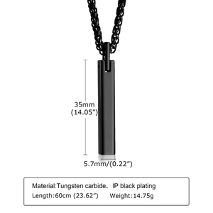 Macro detail of black tungsten steel pendant showing 35mm dimensions and matte texture