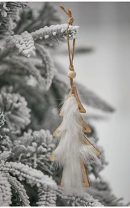 Detail of wooden Christmas tree ornament with white faux fur on snowy pine branch