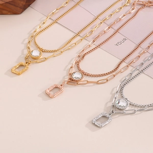 Double Layered Stainless Steel Zircon Round Rectangle Geometric Pendant Paperclip Chain Vintage Necklace For Women