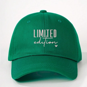 Dark green baseball cap with pink Limited Edition text and heart embroidery for women