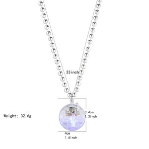Detail of disco ball pendant with purple LED light on silver chain including dimensions