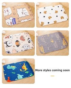 Detailed collage of five colorful pet cooling mats featuring cute animal pattern prints