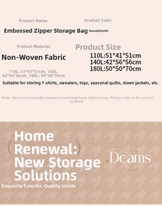 Detailed size chart for houndstooth storage bags in 110L, 140L and 180L capacities