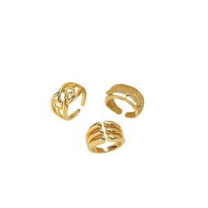 Three-piece set of 14K gold plated vintage open rings with adjustable minimalist designs