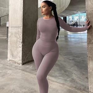 Women's Long Sleeve Crop Top And High Waist Yoga Leggings Set Slim Fit High Elasticity Sports Two Piece Outfit