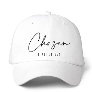 Casquette de baseball en coton blanc avec imprimé Chosen 1 Peter 2:9 et sangle réglable