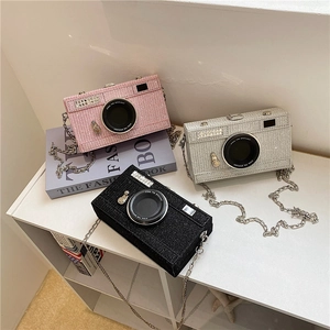 Creative camera-shaped crossbody bag with sequins and chain strap in pink, silver and black