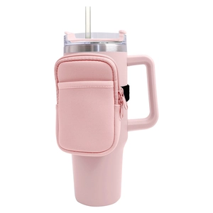 Pink 40oz insulated tumbler sleeve with a matching zipper pouch for small essentials