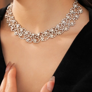 Close-up of silver rhinestone hollow mesh necklace with fringe on female model