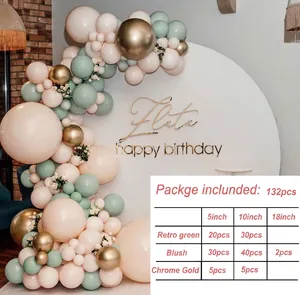 Liste détaillée de 132 ballons vert avocat, rose poudré et or pour déco de fête