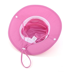 Detail view of pink nylon sun hat with white mesh lining and adjustable chin strap
