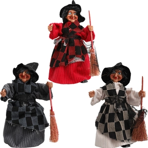 Halloween Witch Doll Ornaments Plaid Pattern Clothes Broomstick Tabletop Decor Haunted House Props Classic Spooky Style