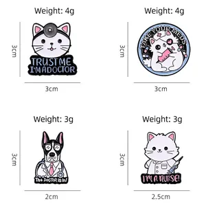 Set of four cute cartoon animal doctor enamel pins with humorous medical slogans