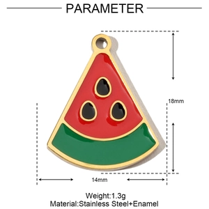 Detailed view of enamel watermelon pendant in stainless steel with 18x14mm size marking